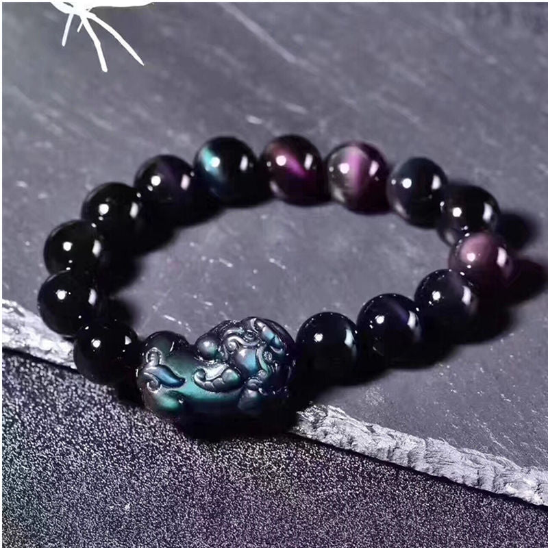 Feng Shui Bracelet - Pixiu Ice Chalcedony Black Obsidian Bracelet