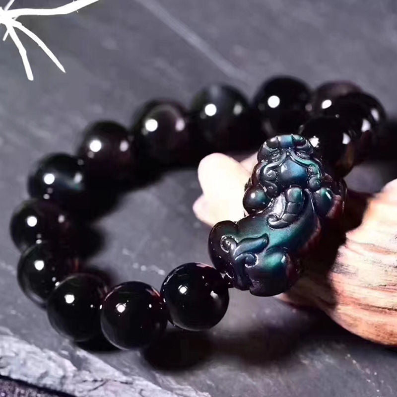 Feng Shui Bracelet - Pixiu Ice Chalcedony Black Obsidian Bracelet