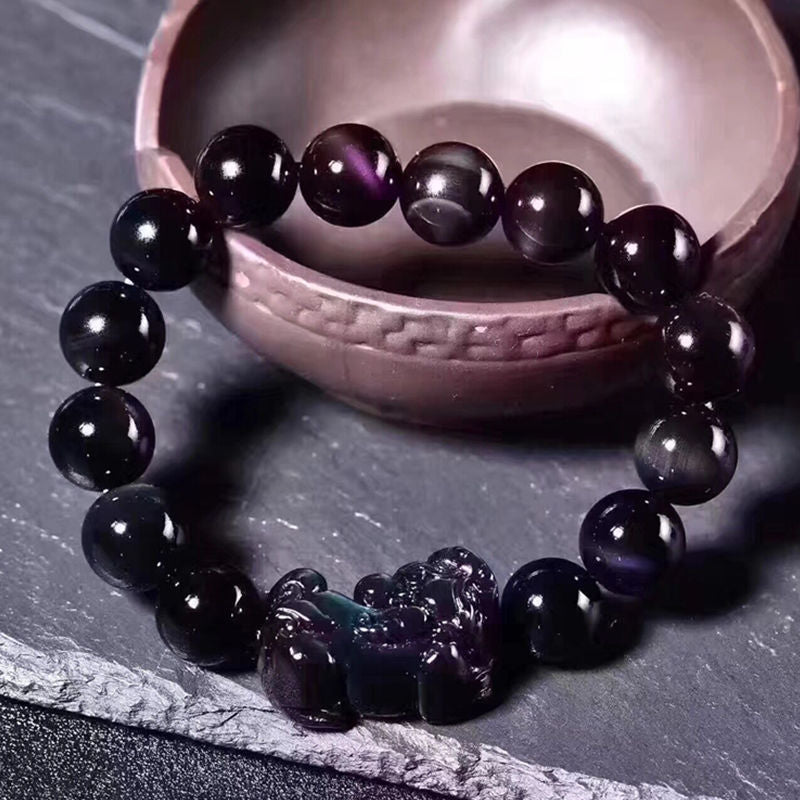 Feng Shui Bracelet - Pixiu Ice Chalcedony Black Obsidian Bracelet