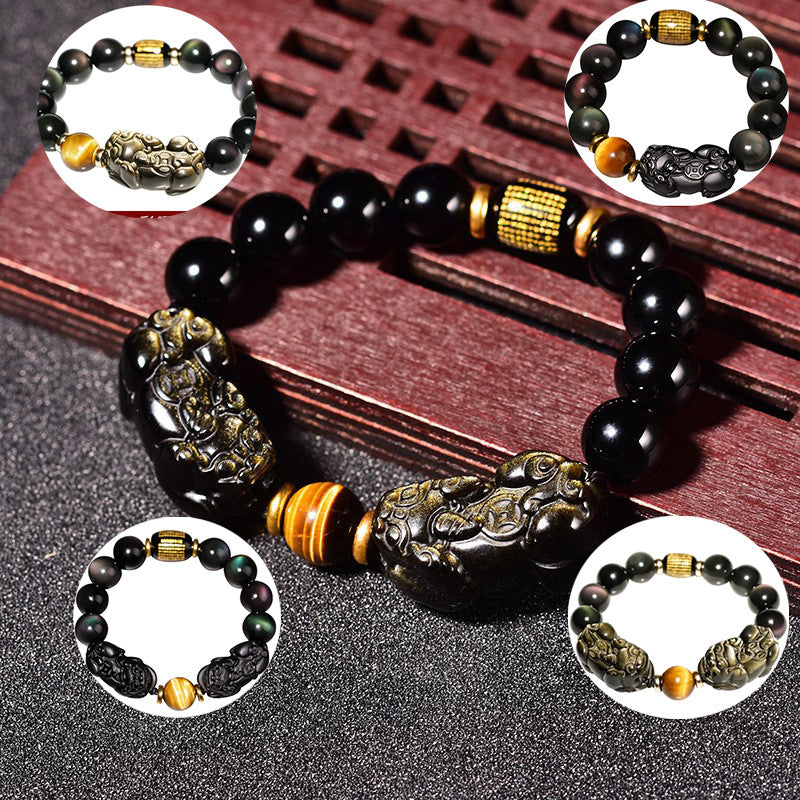 Natural Gold Obsidian Double Pixiu Bracelet