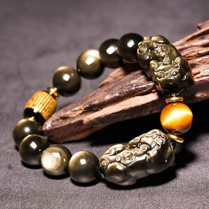 Natural Gold Obsidian Double Pixiu Bracelet